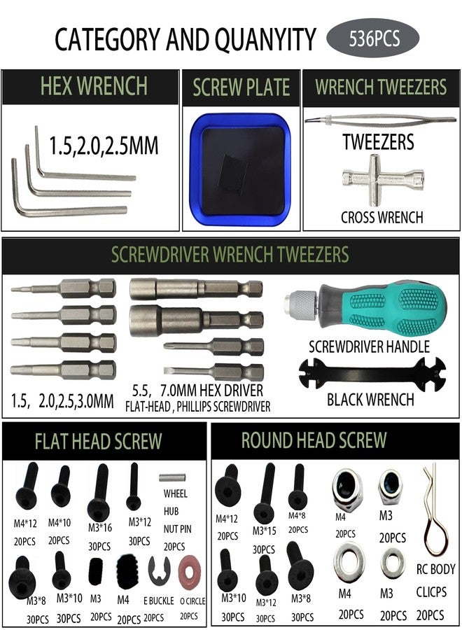RC Lelut RC Car Repair Work Stand Repair Tool Set 360 Degree Rotation and 523 PCS RC Screws Kit & RC Screwdrivers and Screws Pallet Kit for 1/8 1/10 1/12 1/16 1/18 RC Car Truck Buggy Vehicle Scale Accessories - Image 4